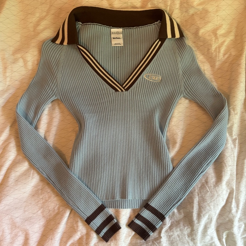 Urban Outfitters Iets Frans Blue and Brown V-Neck Sweater